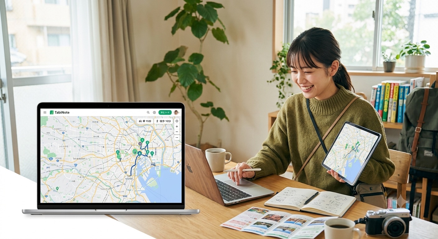 地図とノートを広げて、カフェで旅の計画を楽しむ様子