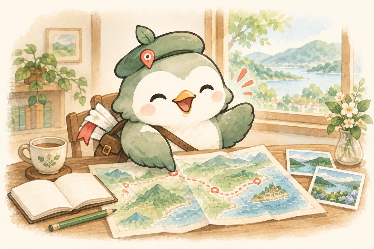 窓辺で地図を広げて旅の計画を立てるタビノートのキャラクター