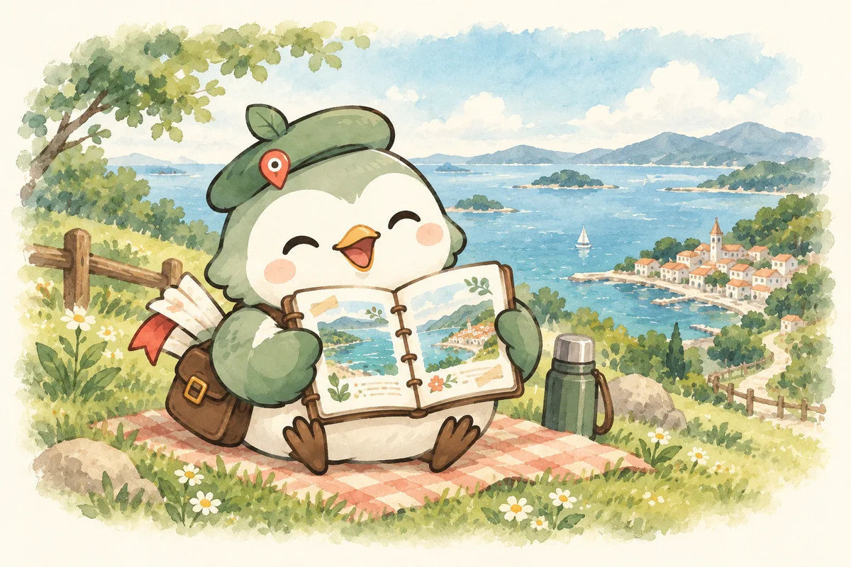 丘の上で完成した旅のしおりを開くタビノートのキャラクター