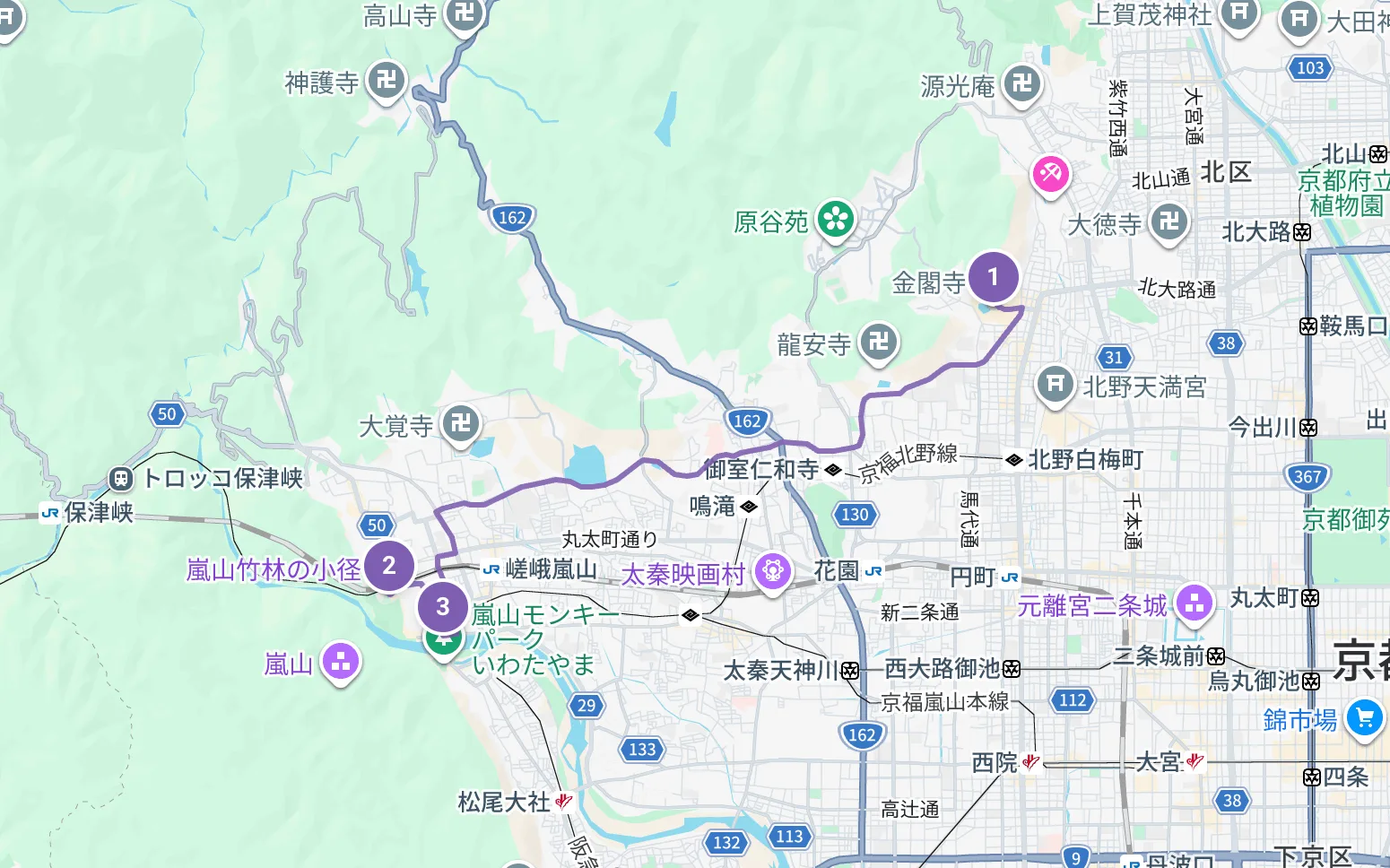 訪問する順番を番号つきのルートで結んだ地図画面